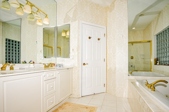 bathroom featuring tile patterned flooring, vanity, and independent shower and bath