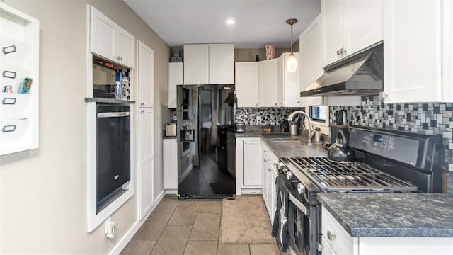 kitchen with white cabinetry, pendant lighting, sink, and black appliances