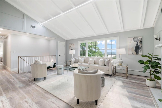 8 Fairway Pl, Cold Spring Harbor, NY 11724 - living area featuring a baseboard heating unit, high vaulted ceiling, light wood finished floors, and beamed ceiling