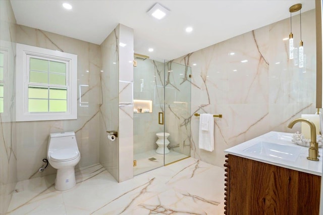 8 Fairway Pl, Cold Spring Harbor, NY 11724 - bathroom featuring marble tiled floors, vanity, a marble finish shower, and tile walls