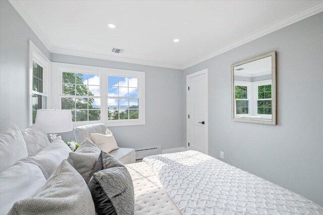 8 Fairway Pl, Cold Spring Harbor, NY 11724 - bedroom with crown molding, recessed lighting, and baseboard heating