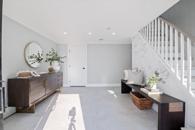 8 Fairway Pl, Cold Spring Harbor, NY 11724 - entrance foyer with crown molding, stairway, and recessed lighting
