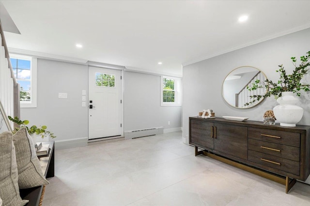 8 Fairway Pl, Cold Spring Harbor, NY 11724 - foyer featuring a baseboard radiator, crown molding, recessed lighting, and plenty of natural light