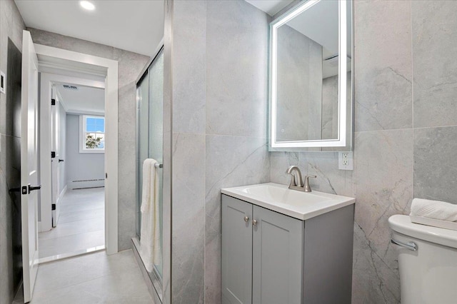 8 Fairway Pl, Cold Spring Harbor, NY 11724 - bathroom featuring tile walls, vanity, a shower stall, and a baseboard heating unit