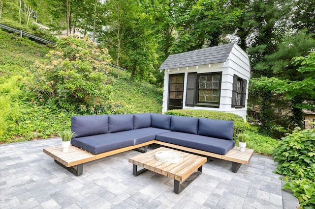 8 Fairway Pl, Cold Spring Harbor, NY 11724 - view of patio / terrace featuring an outdoor hangout area and an outbuilding