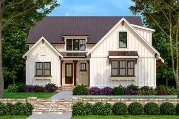 modern inspired farmhouse featuring a front lawn