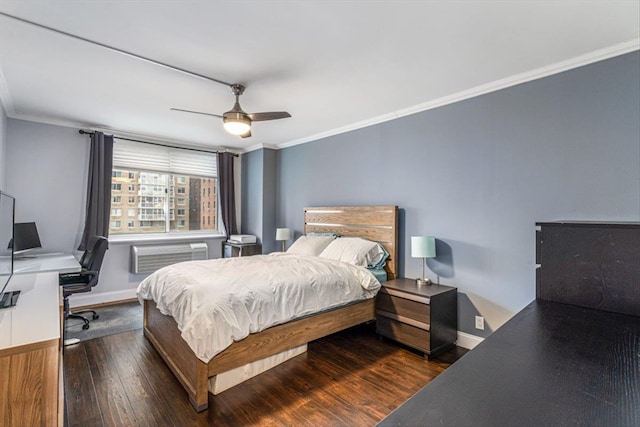 bedroom featuring ceiling fan, ornamental molding, dark hardwood / wood-style floors, and a wall unit AC