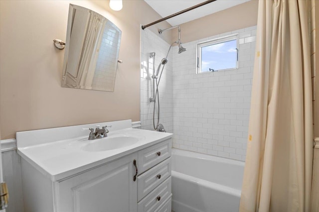 bathroom with vanity and shower / bathtub combination with curtain