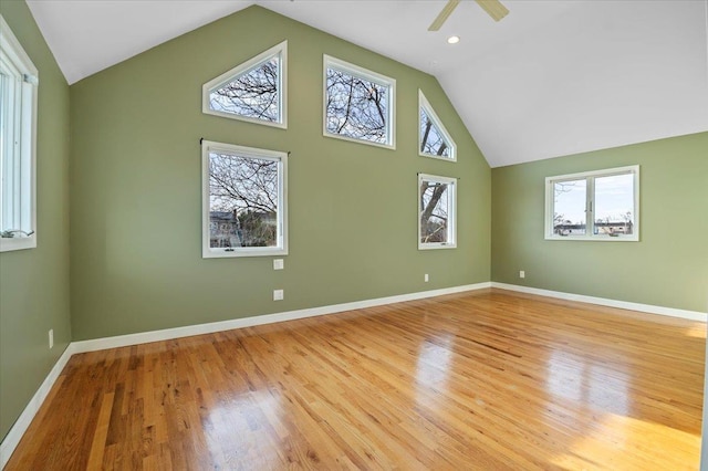 bonus room with high vaulted ceiling, ceiling fan, and light hardwood / wood-style flooring