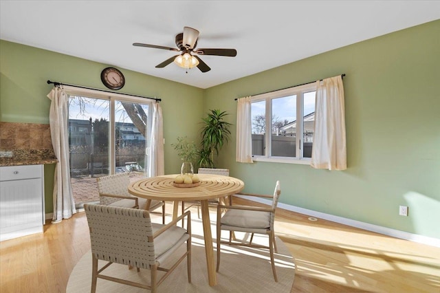 dining area with ceiling fan and light wood-type flooring