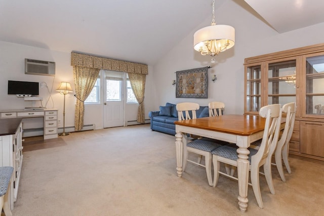 dining area featuring a baseboard radiator, lofted ceiling, and a wall mounted air conditioner