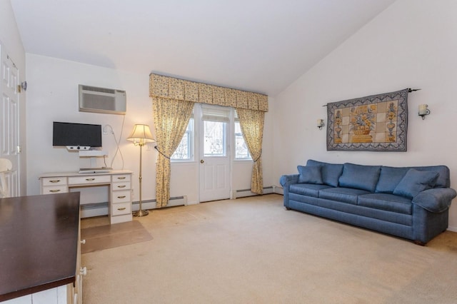 living room with a baseboard radiator, lofted ceiling, light colored carpet, and a wall unit AC