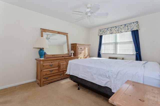 bedroom with light colored carpet and ceiling fan