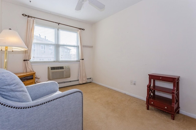 sitting room with ceiling fan, an AC wall unit, light carpet, and baseboard heating