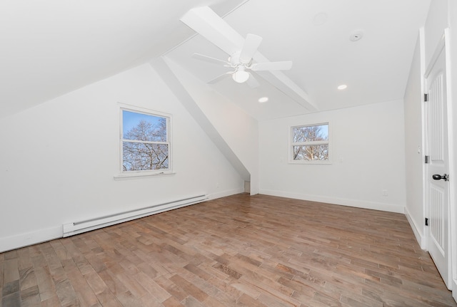 additional living space with lofted ceiling with beams, ceiling fan, light wood-type flooring, and baseboard heating