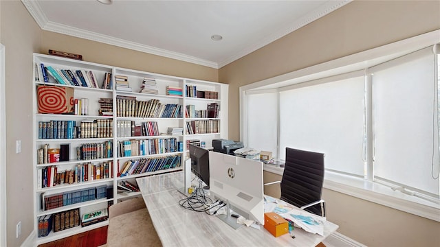 home office featuring crown molding