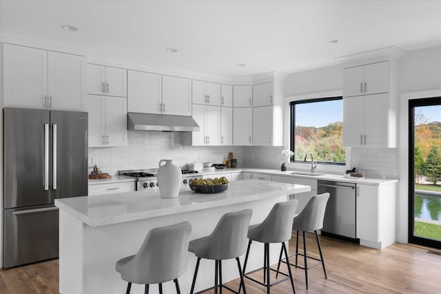 kitchen featuring a center island, light wood-type flooring, appliances with stainless steel finishes, white cabinets, and backsplash