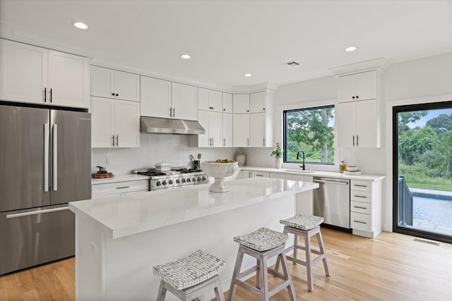 kitchen featuring sink, a breakfast bar area, appliances with stainless steel finishes, white cabinets, and a kitchen island