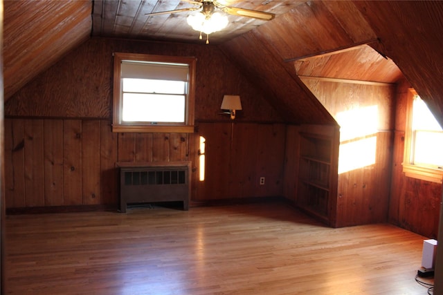 bonus room featuring radiator, vaulted ceiling, light hardwood / wood-style flooring, and a wealth of natural light