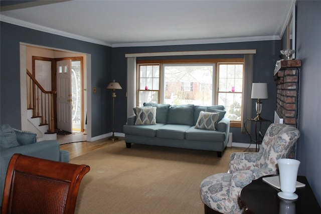 living room with ornamental molding