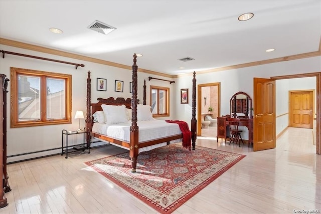 bedroom featuring crown molding, light wood-type flooring, and baseboard heating