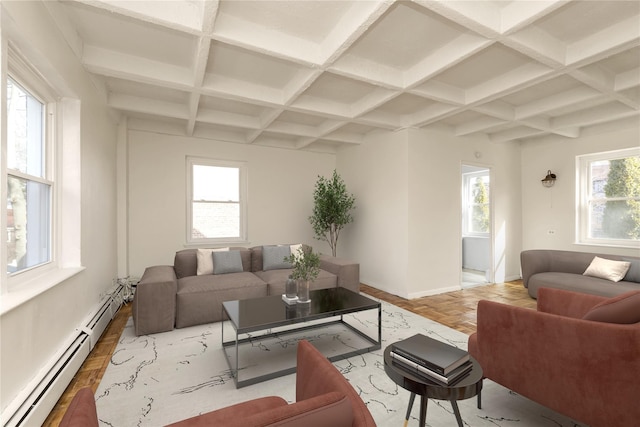 living room featuring beam ceiling, coffered ceiling, and baseboard heating