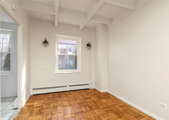 unfurnished room featuring a baseboard radiator, coffered ceiling, beamed ceiling, and baseboards