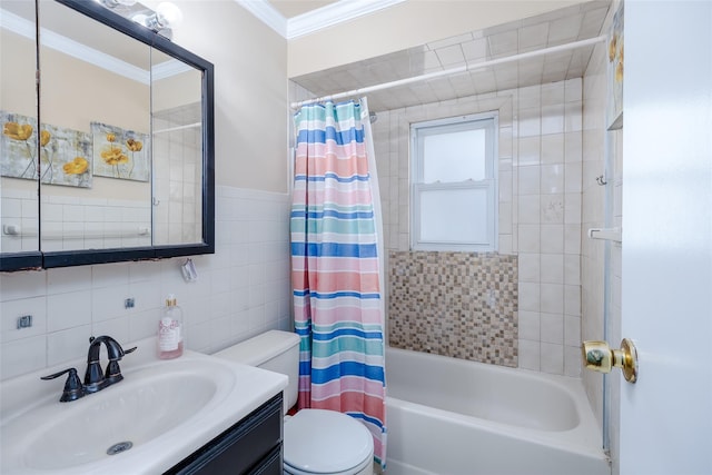 full bathroom featuring tile walls, shower / bath combination with curtain, ornamental molding, vanity, and toilet