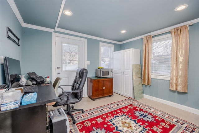 office space featuring ornamental molding, plenty of natural light, and light tile patterned flooring