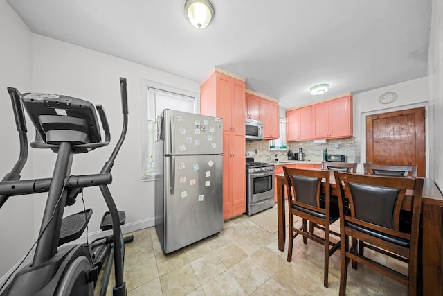 kitchen featuring baseboards, stainless steel appliances, a healthy amount of sunlight, and decorative backsplash