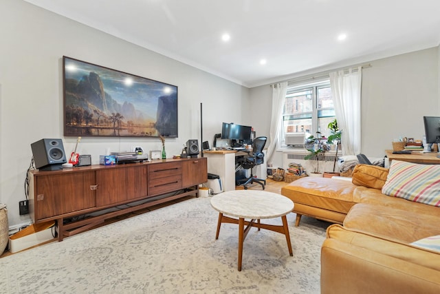 home office featuring radiator and light hardwood / wood-style flooring