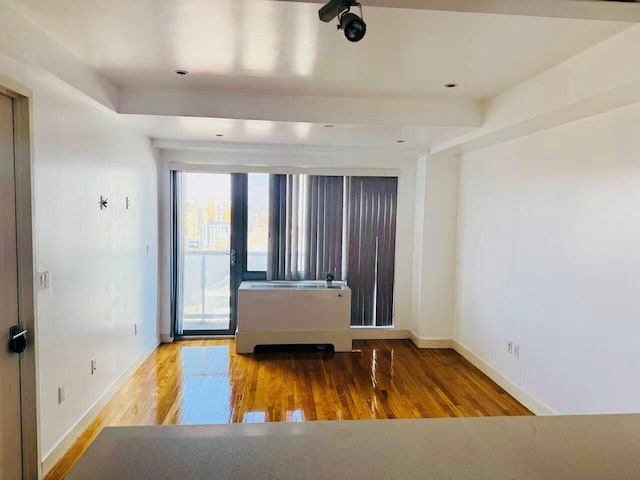 spare room with hardwood / wood-style floors and a tray ceiling