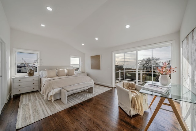 bedroom with lofted ceiling, access to outside, and wood-type flooring