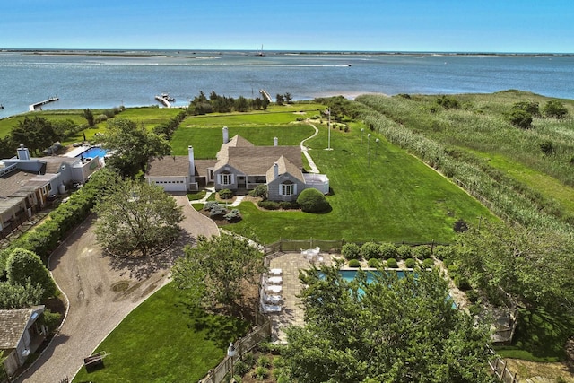 aerial view featuring a water view