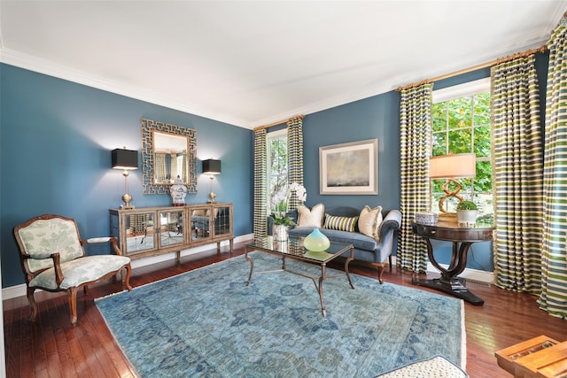 living area featuring ornamental molding, baseboards, and dark wood-style floors