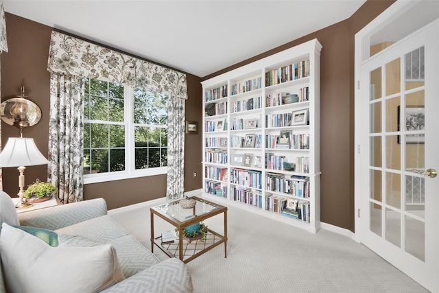 living area featuring carpet and baseboards