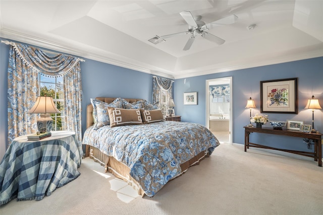 bedroom with ceiling fan, light carpet, visible vents, ornamental molding, and a tray ceiling