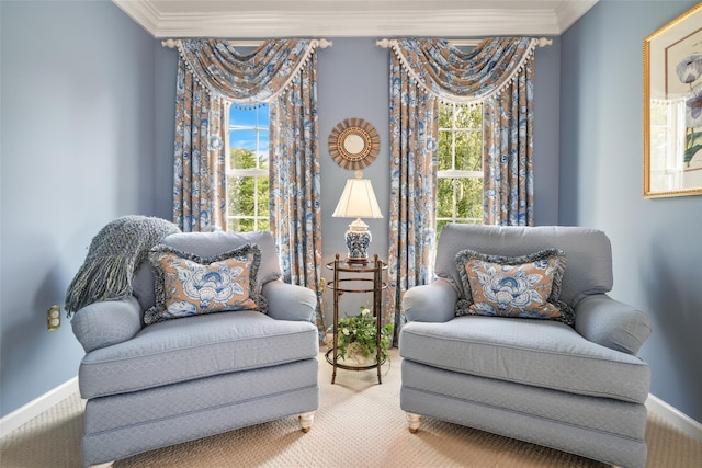 sitting room with plenty of natural light, carpet flooring, and crown molding