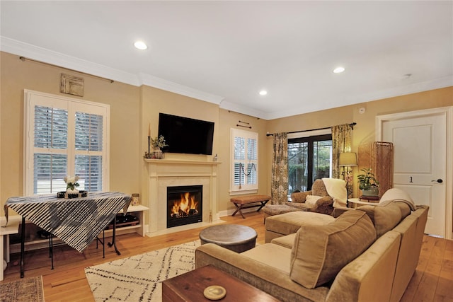 living room featuring ornamental molding and light hardwood / wood-style flooring