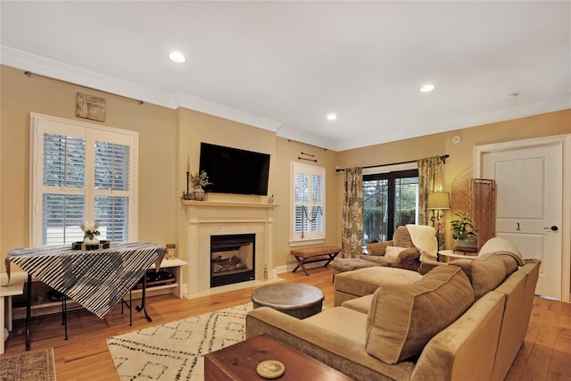 living room with crown molding and light wood-type flooring