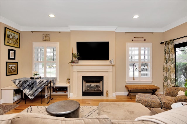 living room with ornamental molding and hardwood / wood-style floors