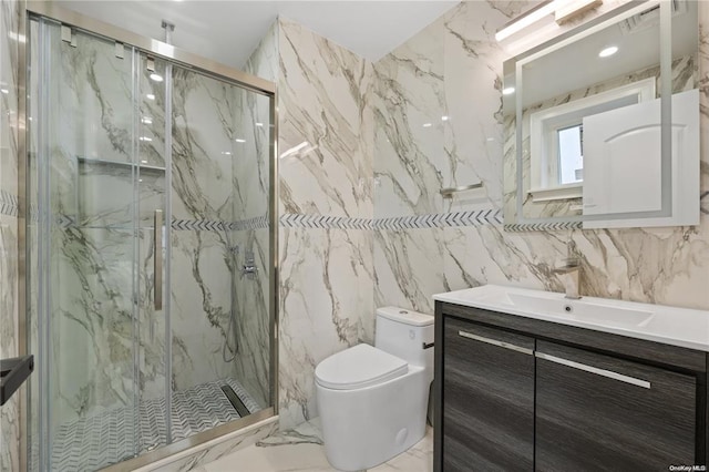 bathroom with vanity, a shower with shower door, and toilet