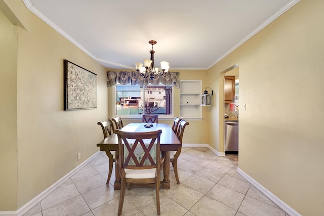 tiled dining space with ornamental molding and a chandelier