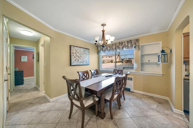 tiled dining space featuring crown molding, radiator heating unit, and an inviting chandelier