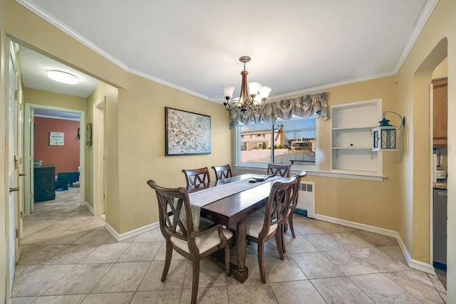 tiled dining room with crown molding, radiator heating unit, and an inviting chandelier