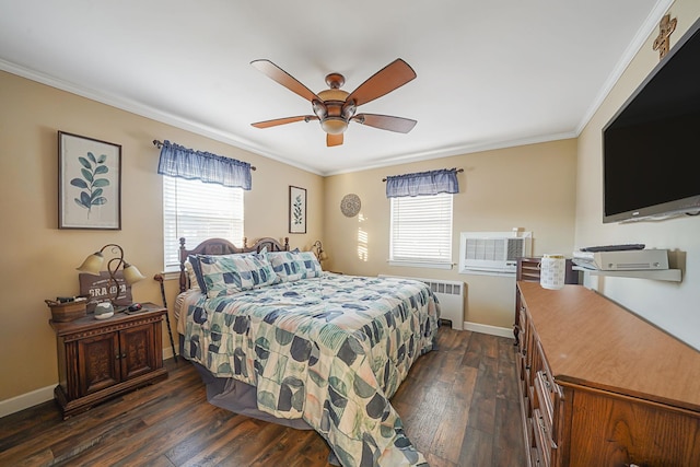 bedroom with multiple windows, radiator, ornamental molding, and dark hardwood / wood-style floors