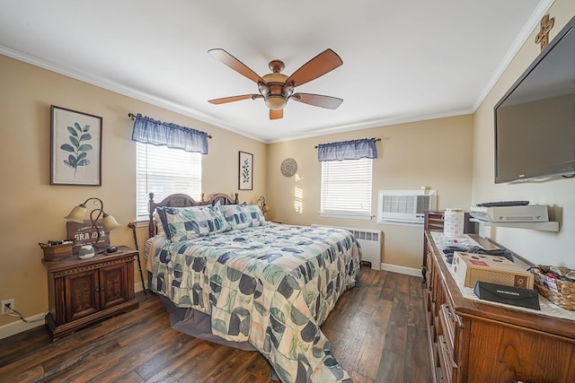 bedroom featuring multiple windows, crown molding, and dark wood-type flooring