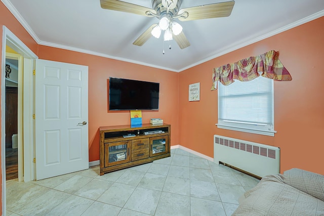 tiled living room with radiator, ornamental molding, and ceiling fan