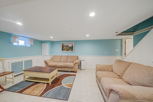 living room featuring light tile patterned flooring