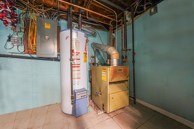 utility room with electric panel and gas water heater